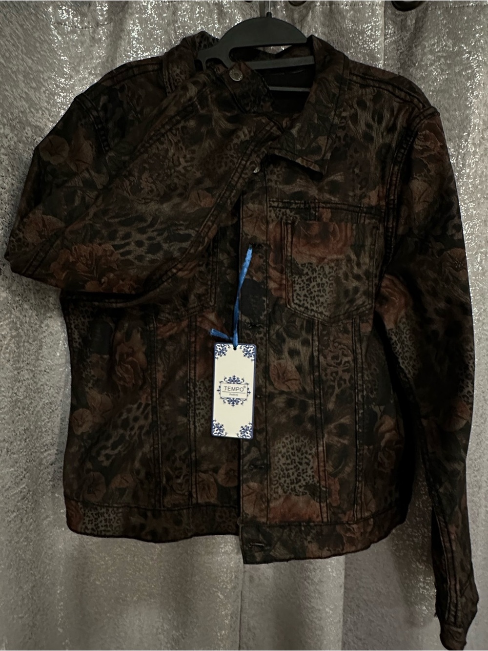 Tempo Paris Reversible Brown/Black Floral & Animal Print Jean Jacket NWT